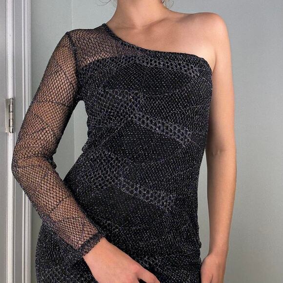 Black mesh one shoulder bodycon mini party dress silver sparkle - Picture 8 of 8